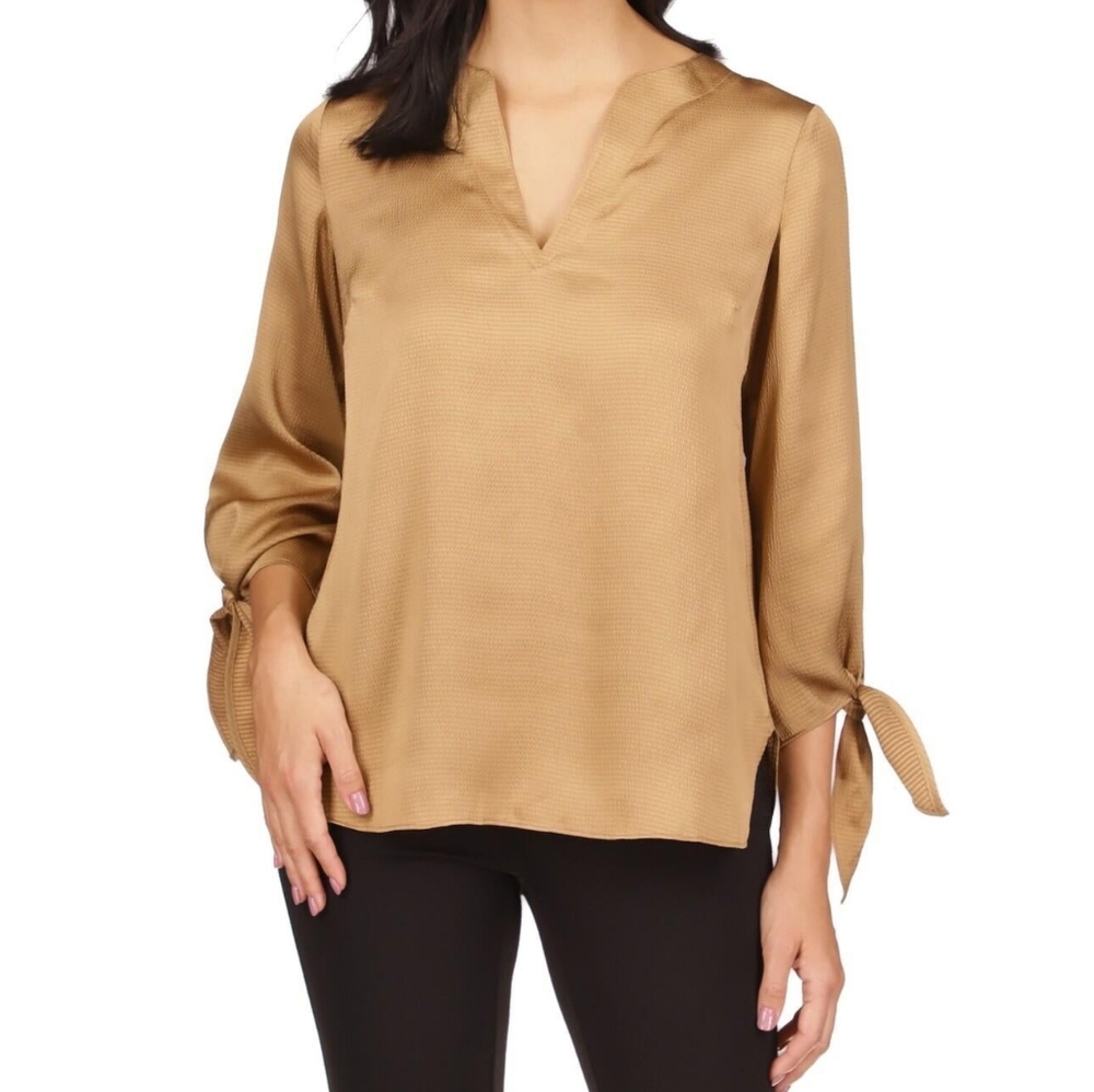 Michael Michael Kors Women Satin Tie Sleeve Vneck Blouse XL Textured Pullover